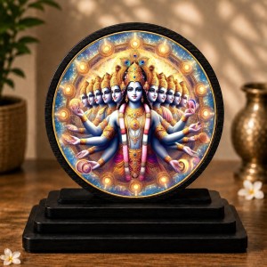 Car Dashboard Wooden Lord Vishnu Vishwaroopam Showpiece | 4 X 4.5 Inch Sublimation Printed Decorative Stand | 4 Mm MDF | Home Decor | Made in India (F33726)