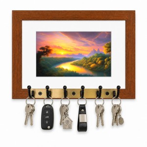 Decorative Wooden Photo Frame Key Hanger With Nature Picture, 12 X 8 Inch Wall Key Holder, 10 X 6 Inch Glossy Photo Frame, 6 Metal Hooks, Home Entrance Decor, Made In India (F38726)