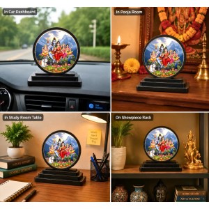 Car Dashboard Wooden Shiv Parivar Showpiece | 4 X 4.5 Inch Sublimation Printed Decorative Stand | 4 Mm MDF | Home Decor | Made in India (F33681)