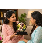 Car Dashboard Wooden Bal Krishna Showpiece | 4 X 4.5 Inch Sublimation Printed Decorative Stand | 4 Mm MDF | Home Decor | Made in India (F33381)