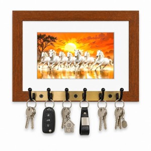 Decorative Wooden Photo Frame Key Hanger With Nature Picture, 12 X 8 Inch Wall Key Holder, 10 X 6 Inch Glossy Photo Frame, 6 Metal Hooks, Home Entrance Decor, Made In India (F38777)