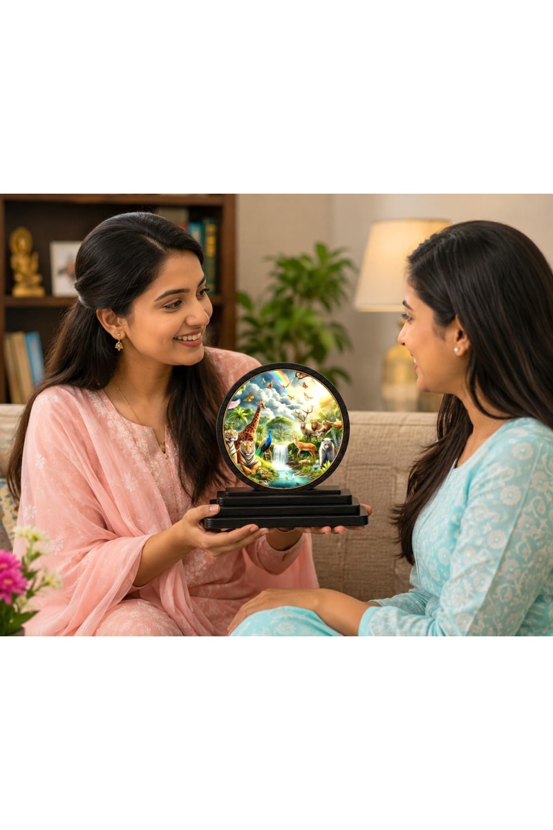 Car Dashboard Wooden Wonderful Animals with A Wildlife Scene Showpiece | 4 X 4.5 Inch Sublimation Printed Decorative Stand | 4 Mm MDF | Home Decor | Made in India (F33390)
