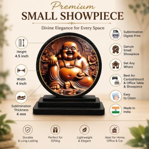 Car Dashboard Wooden Laughing Buddha Showpiece | 4 X 4.5 Inch Sublimation Printed Decorative Stand | 4 Mm MDF | Home Decor | Made in India (F33387)