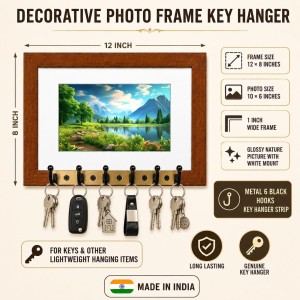 Decorative Wooden Photo Frame Key Hanger With Nature Picture, 12 X 8 Inch Wall Key Holder, 10 X 6 Inch Glossy Photo Frame, 6 Metal Hooks, Home Entrance Decor, Made In India (F38847)