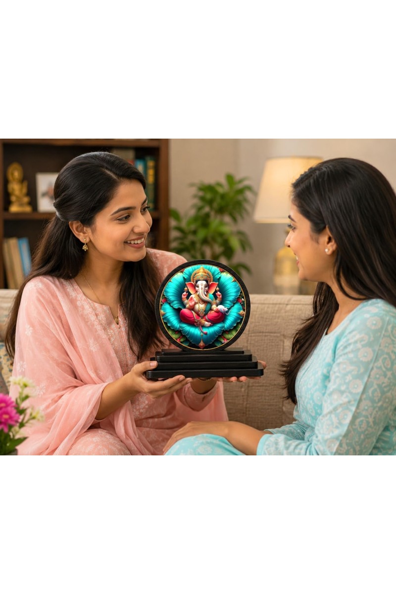 Car Dashboard Wooden Lord Ganeshaa Showpiece | 4 X 4.5 Inch Sublimation Printed Decorative Stand | 4 Mm MDF | Home Decor | Made in India (F33301)