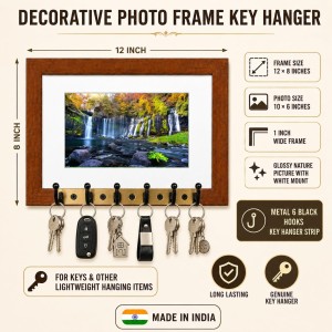 Decorative Wooden Photo Frame Key Hanger With Nature Picture, 12 X 8 Inch Wall Key Holder, 10 X 6 Inch Glossy Photo Frame, 6 Metal Hooks, Home Entrance Decor, Made In India (F38933)