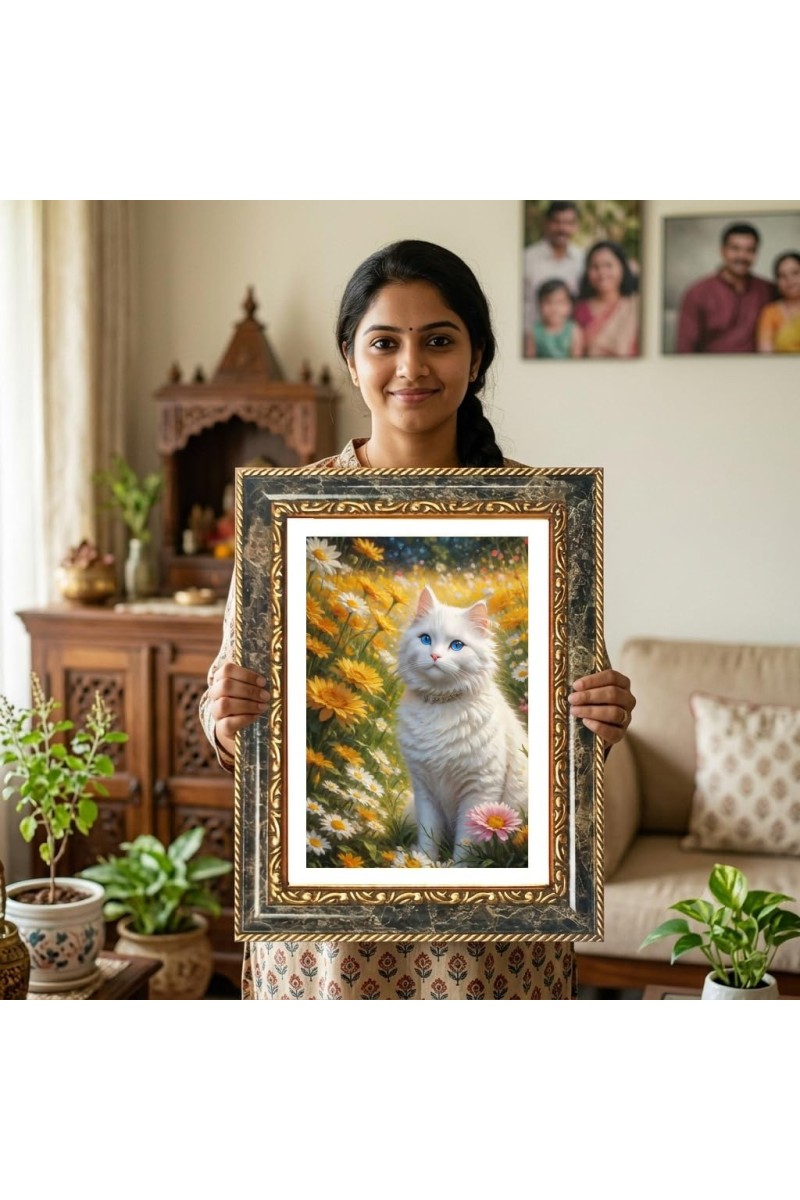 White Cat Decorative Photo Frame With White Mount | Premium Wall & Tabletop Picture Frame | Home, Office & Temple Decoration | 8x12 Inch (Pack Of 1) (F32977)