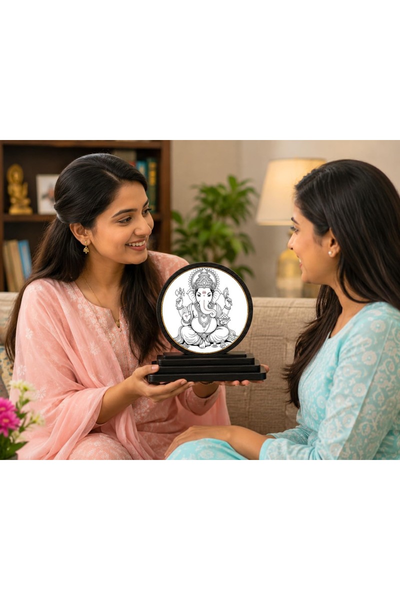 Car Dashboard Wooden Lord Ganeshaa Showpiece | 4 X 4.5 Inch Sublimation Printed Decorative Stand | 4 Mm MDF | Home Decor | Made in India (F33573)