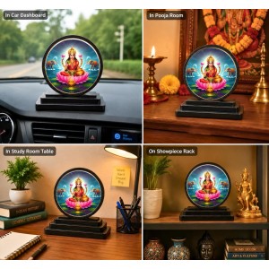 Car Dashboard Wooden Goddess Lakshmi Showpiece | 4 X 4.5 Inch Sublimation Printed Decorative Stand | 4 Mm MDF | Home Decor | Made in India (F33603)