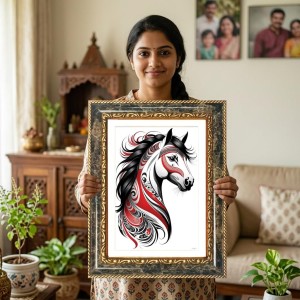 Red And Black Abstract Horse Decorative Photo Frame With White Mount | Premium Wall & Tabletop Picture Frame | Home, Office & Temple Decoration | 8x12 Inch (Pack Of 1) (F32530)