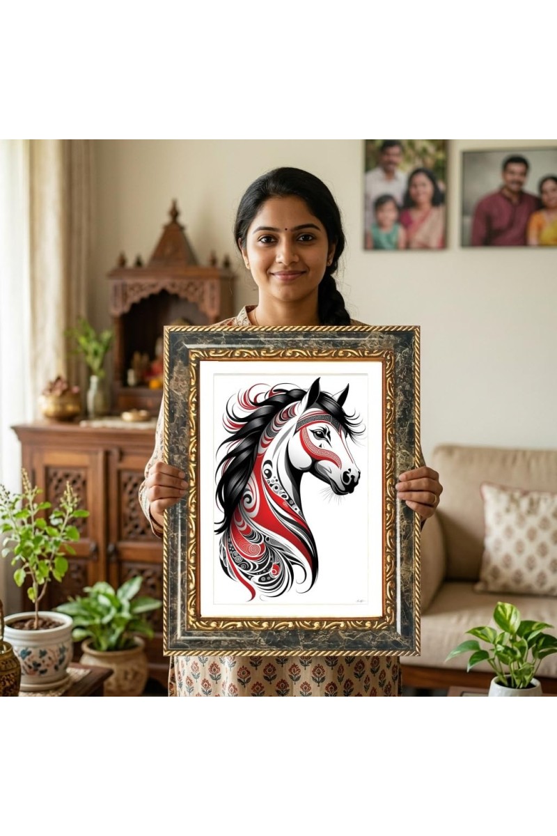 Red And Black Abstract Horse Decorative Photo Frame With White Mount | Premium Wall & Tabletop Picture Frame | Home, Office & Temple Decoration | 8x12 Inch (Pack Of 1) (F32530)