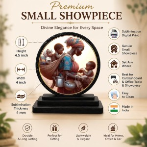 Car Dashboard Wooden Woman Carrying Two Children Showpiece | 4 X 4.5 Inch Sublimation Printed Decorative Stand | 4 Mm MDF | Home Decor | Made in India (F33315)