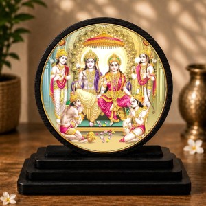 Car Dashboard Wooden Lord Ram Darbar Showpiece | 4 X 4.5 Inch Sublimation Printed Decorative Stand | 4 Mm MDF | Home Decor | Made in India (F33314)