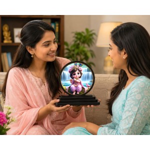 Car Dashboard Wooden Little Krishna Showpiece | 4 X 4.5 Inch Sublimation Printed Decorative Stand | 4 Mm MDF | Home Decor | Made in India (F33646)