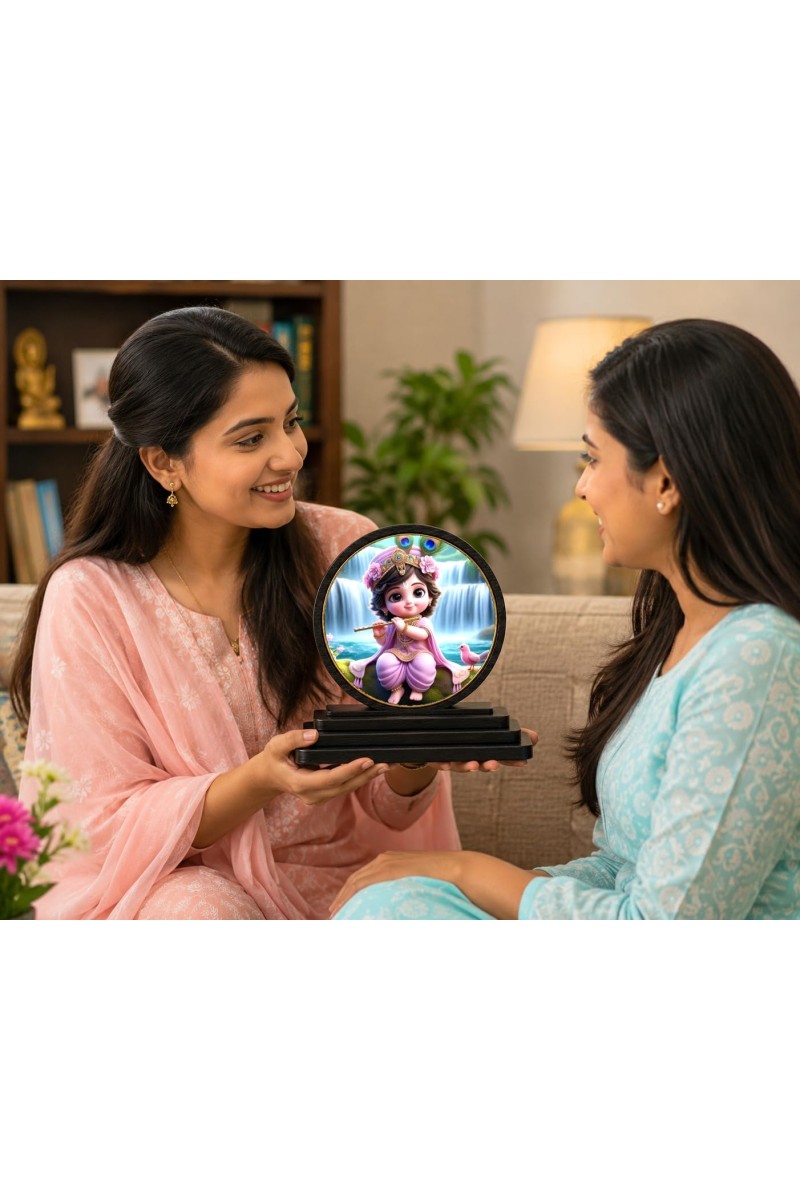 Car Dashboard Wooden Little Krishna Showpiece | 4 X 4.5 Inch Sublimation Printed Decorative Stand | 4 Mm MDF | Home Decor | Made in India (F33646)