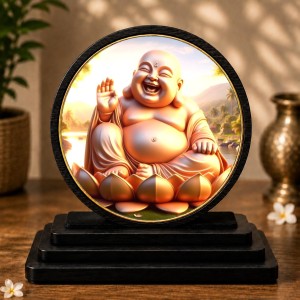 Car Dashboard Wooden Laughing Buddha Showpiece | 4 X 4.5 Inch Sublimation Printed Decorative Stand | 4 Mm MDF | Home Decor | Made in India (F33751)