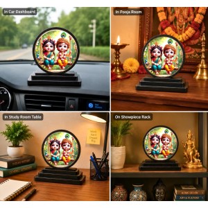 Car Dashboard Wooden Radhaa Krishna Showpiece | 4 X 4.5 Inch Sublimation Printed Decorative Stand | 4 Mm MDF | Home Decor | Made in India (F33539)