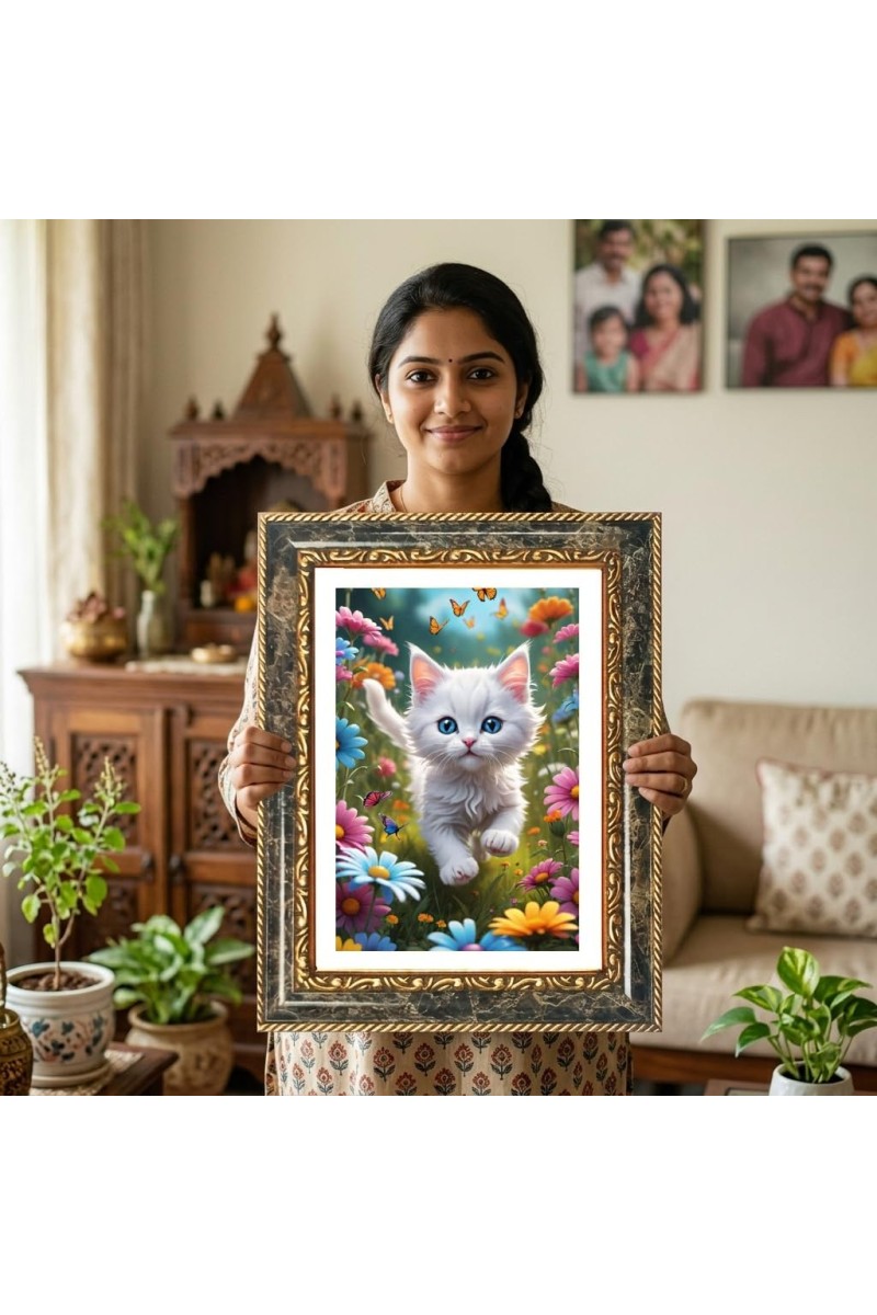 White Kitten Decorative Photo Frame With White Mount | Premium Wall & Tabletop Picture Frame | Home, Office & Temple Decoration | 10x14 Inch (Pack Of 1) (F32369)