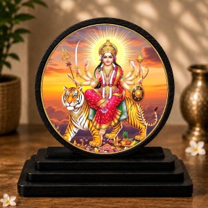 Car Dashboard Wooden Goddess Durga Showpiece | 4 X 4.5 Inch Sublimation Printed Decorative Stand | 4 Mm MDF | Home Decor | Made in India (F33455)