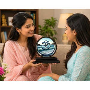 Car Dashboard Wooden Om Symbol Showpiece | 4 X 4.5 Inch Sublimation Printed Decorative Stand | 4 Mm MDF | Home Decor | Made in India (F33649)