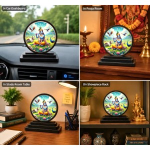 Car Dashboard Wooden Lord Krishna Showpiece | 4 X 4.5 Inch Sublimation Printed Decorative Stand | 4 Mm MDF | Home Decor | Made in India (F33697)