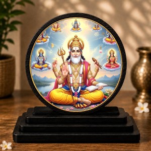 Car Dashboard Wooden Lord Brahma Showpiece | 4 X 4.5 Inch Sublimation Printed Decorative Stand | 4 Mm MDF | Home Decor | Made in India (F33491)