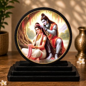 Car Dashboard Wooden Mahadev Parvati Ji Showpiece | 4 X 4.5 Inch Sublimation Printed Decorative Stand | 4 Mm MDF | Home Decor | Made in India (F33457)