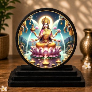 Car Dashboard Wooden Goddess Lakshmi Showpiece | 4 X 4.5 Inch Sublimation Printed Decorative Stand | 4 Mm MDF | Home Decor | Made in India (F33753)