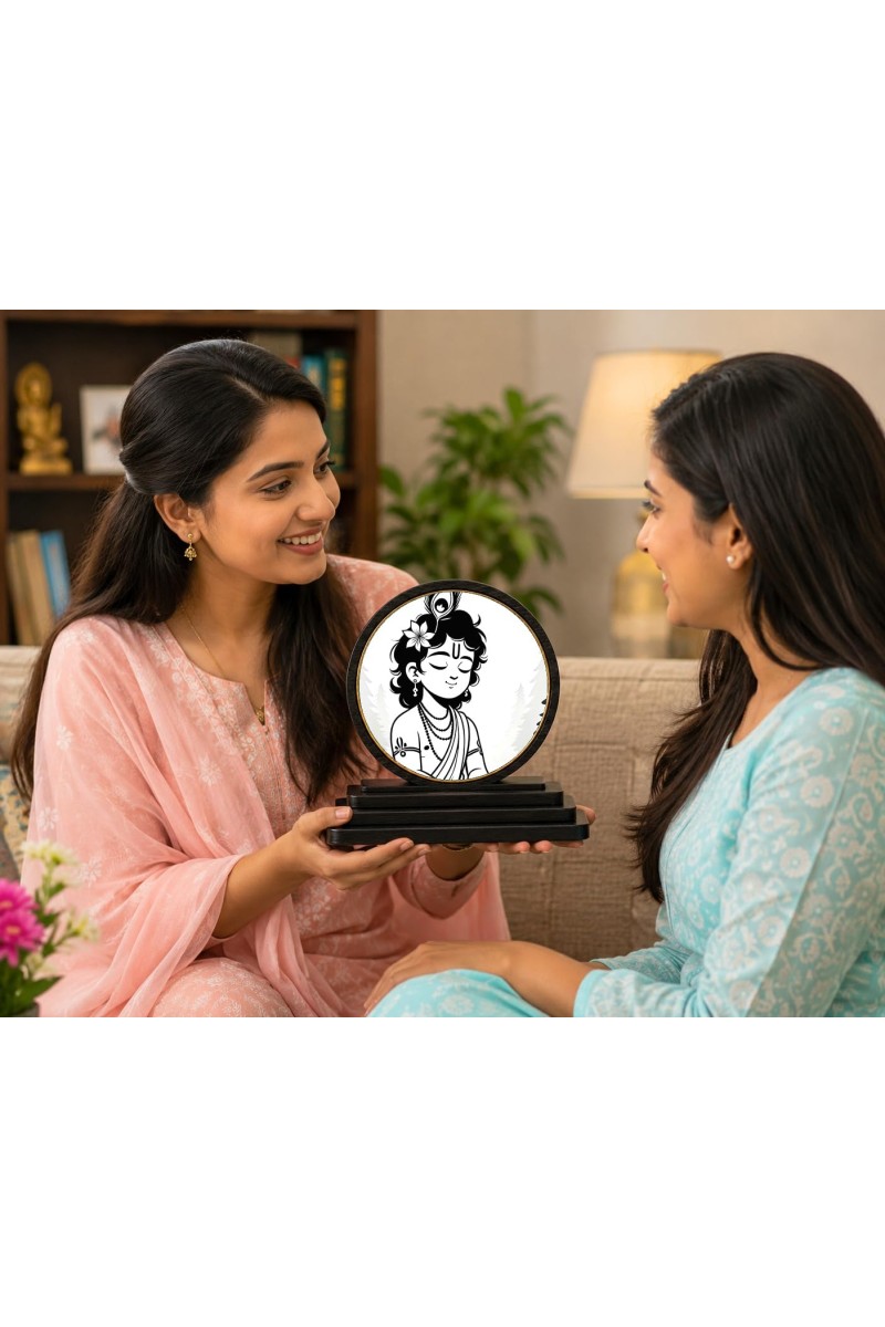 Car Dashboard Wooden Lord Krishna Showpiece | 4 X 4.5 Inch Sublimation Printed Decorative Stand | 4 Mm MDF | Home Decor | Made in India (F33280)