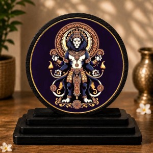 Car Dashboard Wooden Lord Narasimha Showpiece | 4 X 4.5 Inch Sublimation Printed Decorative Stand | 4 Mm MDF | Home Decor | Made in India (F33429)