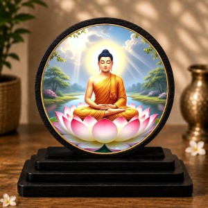 Car Dashboard Wooden Gautam Buddha Showpiece | 4 X 4.5 Inch Sublimation Printed Decorative Stand | 4 Mm MDF | Home Decor | Made in India (F33367)