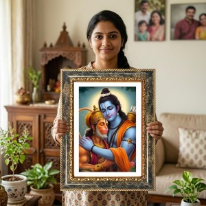 Rama And Hanuman Decorative Photo Frame With White Mount | Premium Wall & Tabletop Picture Frame | Home, Office & Temple Decoration | 8x12 Inch (Pack Of 1) (F33160)