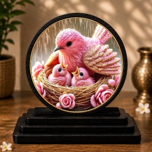 Car Dashboard Wooden Pink Bird Nest Showpiece | 4 X 4.5 Inch Sublimation Printed Decorative Stand | 4 Mm MDF | Home Decor | Made in India (F33313)