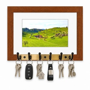 Decorative Wooden Photo Frame Key Hanger With Nature Picture, 12 X 8 Inch Wall Key Holder, 10 X 6 Inch Glossy Photo Frame, 6 Metal Hooks, Home Entrance Decor, Made In India (F38801)