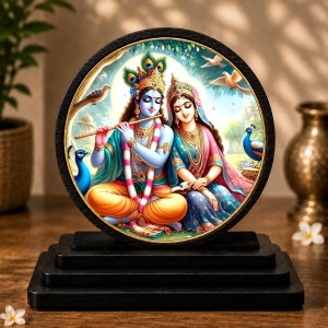 Car Dashboard Wooden Radhaa Krishna Showpiece | 4 X 4.5 Inch Sublimation Printed Decorative Stand | 4 Mm MDF | Home Decor | Made in India (F33425)