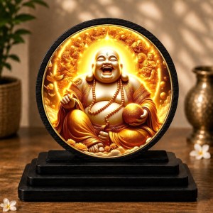 Car Dashboard Wooden Laughing Buddha Showpiece | 4 X 4.5 Inch Sublimation Printed Decorative Stand | 4 Mm MDF | Home Decor | Made in India (F33620)
