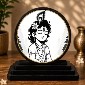 Car Dashboard Wooden Lord Krishna Showpiece | 4 X 4.5 Inch Sublimation Printed Decorative Stand | 4 Mm MDF | Home Decor | Made in India (F33280)