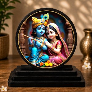 Car Dashboard Wooden Lord Radhe Krishna Showpiece | 4 X 4.5 Inch Sublimation Printed Decorative Stand | 4 Mm MDF | Home Decor | Made in India (F33536)