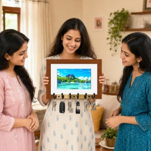 Decorative Wooden Photo Frame Key Hanger With Nature Picture, 12 X 8 Inch Wall Key Holder, 10 X 6 Inch Glossy Photo Frame, 6 Metal Hooks, Home Entrance Decor, Made In India (F38848)