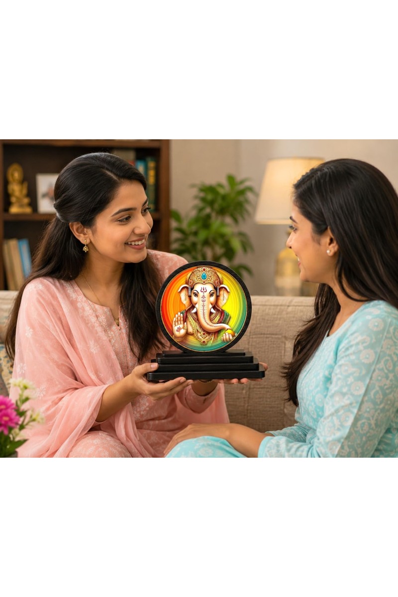 Car Dashboard Wooden Lord Ganeshaa Showpiece | 4 X 4.5 Inch Sublimation Printed Decorative Stand | 4 Mm MDF | Home Decor | Made in India (F33522)