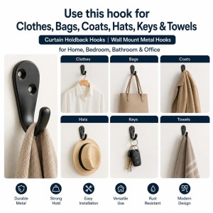 Black Metal Wall Hooks |Wall Mount Hooks for Clothes, Bags, Coats, Hats, Keys & Towels | Rust Resistant Curtain Holdback Hooks for Bathroom, Bedroom, Kitchen & Office | Includes 12 Screws | Pack of 6