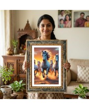 White Running Horses Decorative Photo Frame With White Mount | Premium Wall & Tabletop Picture Frame | Home, Office & Temple Decoration | 10x14 Inch (Pack Of 1) (F32519)