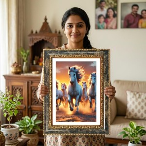 White Running Horses Decorative Photo Frame With White Mount | Premium Wall & Tabletop Picture Frame | Home, Office & Temple Decoration | 8x12 Inch (Pack Of 1) (F32519)
