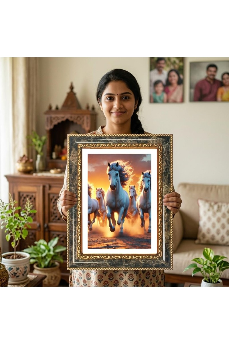 White Running Horses Decorative Photo Frame With White Mount | Premium Wall & Tabletop Picture Frame | Home, Office & Temple Decoration | 8x12 Inch (Pack Of 1) (F32519)