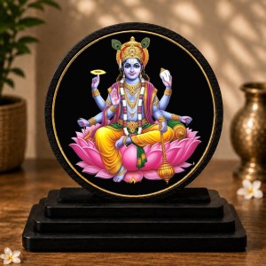 Car Dashboard Wooden Lord Vishnu Showpiece | 4 X 4.5 Inch Sublimation Printed Decorative Stand | 4 Mm MDF | Home Decor | Made in India (F33589)