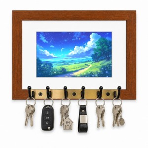 Decorative Wooden Photo Frame Key Hanger With Nature Picture, 12 X 8 Inch Wall Key Holder, 10 X 6 Inch Glossy Photo Frame, 6 Metal Hooks, Home Entrance Decor, Made In India (F38732)