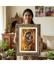 Mother Yashoda Holding Baby Krishna Decorative Photo Frame With White Mount | Premium Wall & Tabletop Picture Frame | Home, Office & Temple Decoration | 10x14 Inch (Pack Of 1) (F31345)
