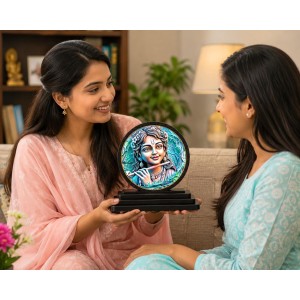 Car Dashboard Wooden Lord Krishna Showpiece | 4 X 4.5 Inch Sublimation Printed Decorative Stand | 4 Mm MDF | Home Decor | Made in India (F33465)