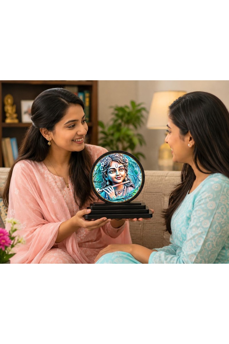Car Dashboard Wooden Lord Krishna Showpiece | 4 X 4.5 Inch Sublimation Printed Decorative Stand | 4 Mm MDF | Home Decor | Made in India (F33465)