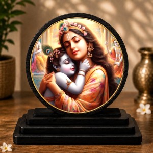 Car Dashboard Wooden Bal Krishna with Goddess Yashoda Showpiece | 4 X 4.5 Inch Sublimation Printed Decorative Stand | 4 Mm MDF | Home Decor | Made in India (F33266)